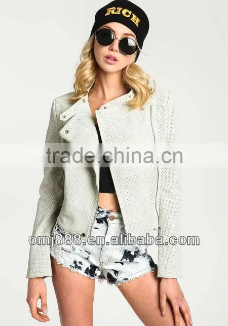 Perforated Bomber PU white fashion zipper long sleeve Jacket