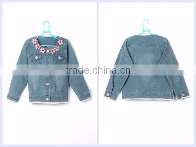 2016 new style loveable pink flower stitched design lace hem kids denim jacket with hood