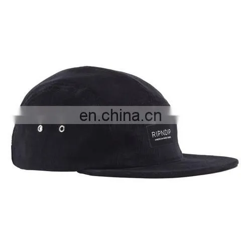 New fashionable navy blue woolen 5 panel hat with woven label