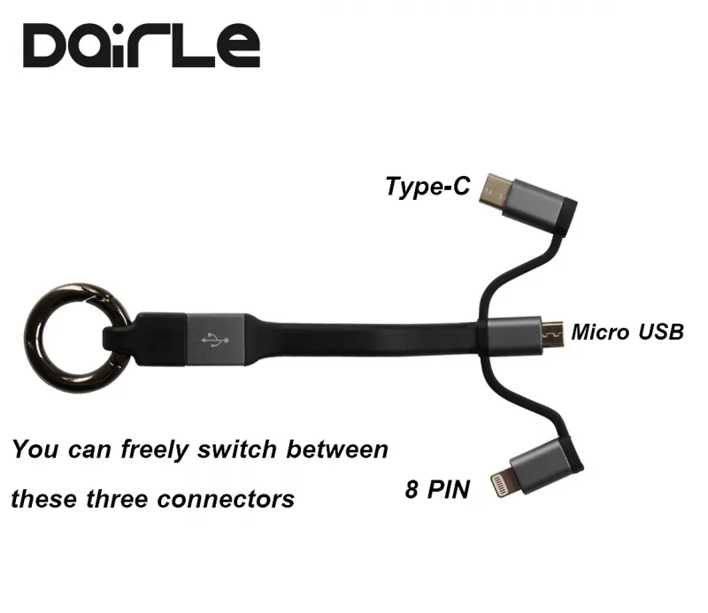 High quality 3 in 1 Key chain design portable USB charging cable for iPhone 7/8/X and Android mobile devices