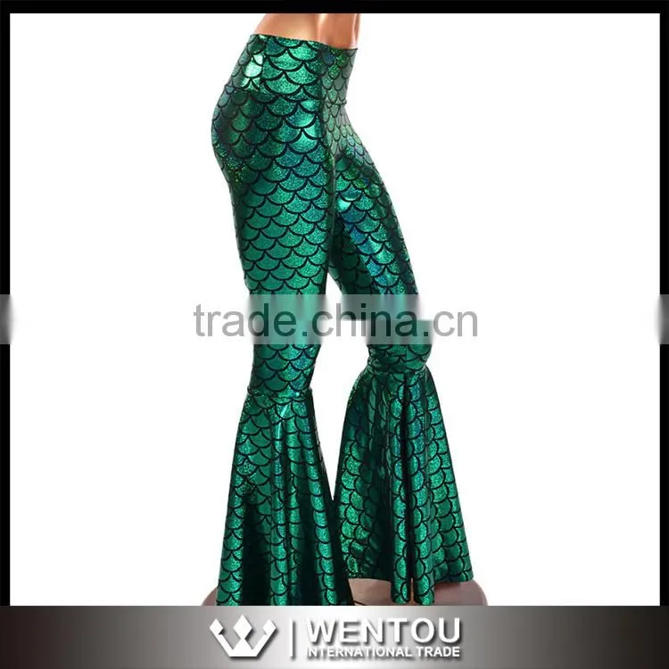 Bell Bottom Green Mermaid Scale Leggings With High Waist