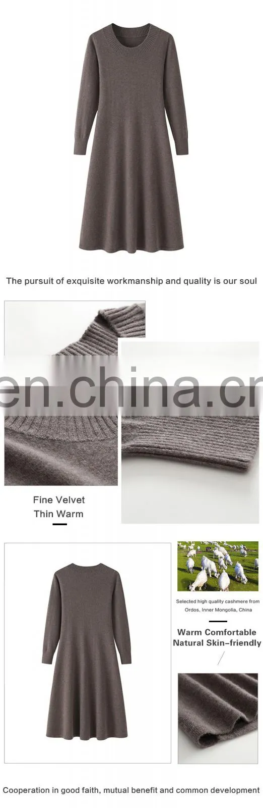 Lady's Knitted A-Line Dress with Long Sleeves Sexy Solid Color Breathable Cashmere Natural Waist Knee-Length Spring Fall Seasons