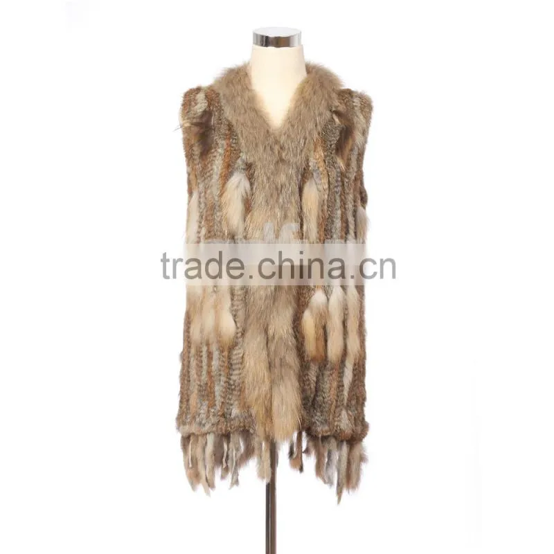 QDMJ006 Lady Clothes Long Knit Rabbit Fur Vest With Raccoon Dog Fur Collar For Women Clothing