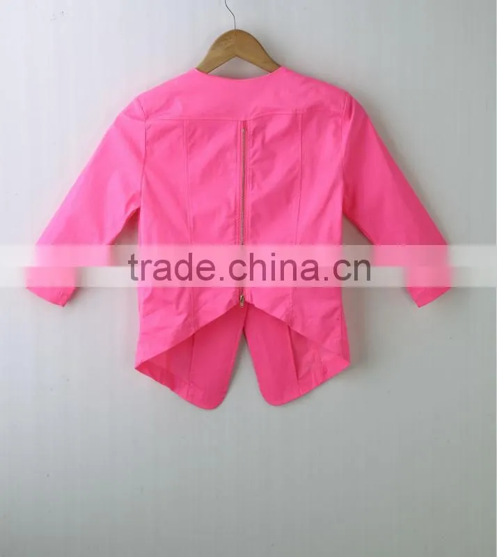 fashion spring neon color ladies'casual tail suit,fashion ladies'jacket with pearl on shoulder and accessory zipper on back
