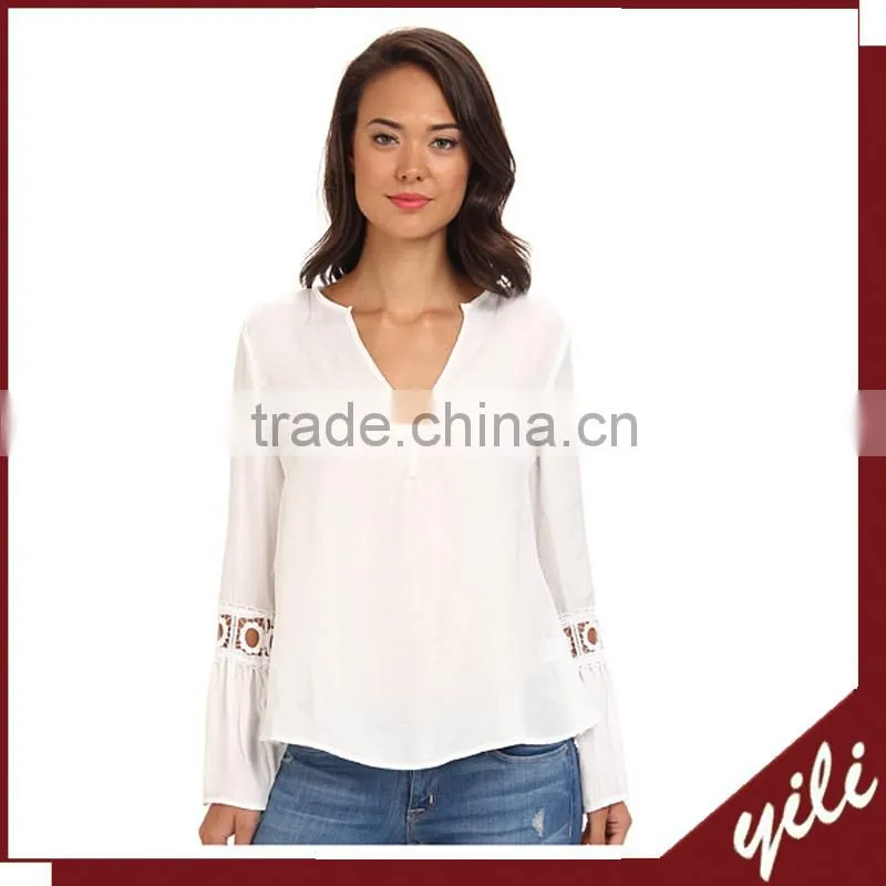 fashion women's chiffon blouse designer lace long sleeves tops for ladies