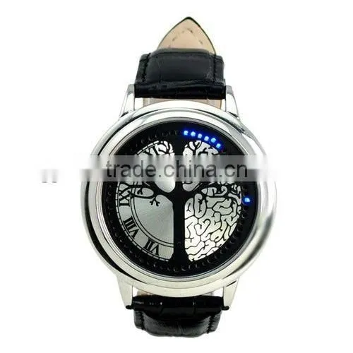 touch screen led watch with bule light three face leather pu brand