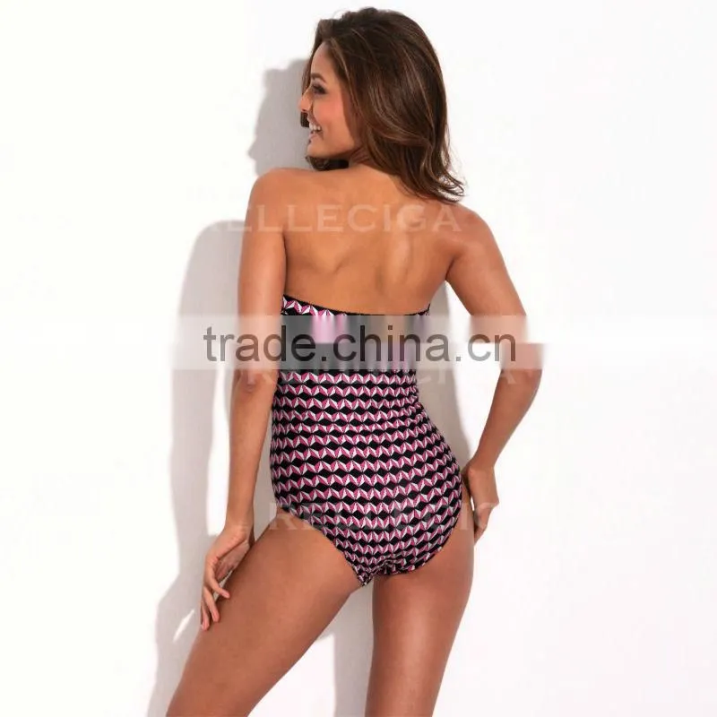 RELLECIGA Modern Print Bikini Series - Pink Geometric Print One Piece Swimwear with Bandeau Style Front