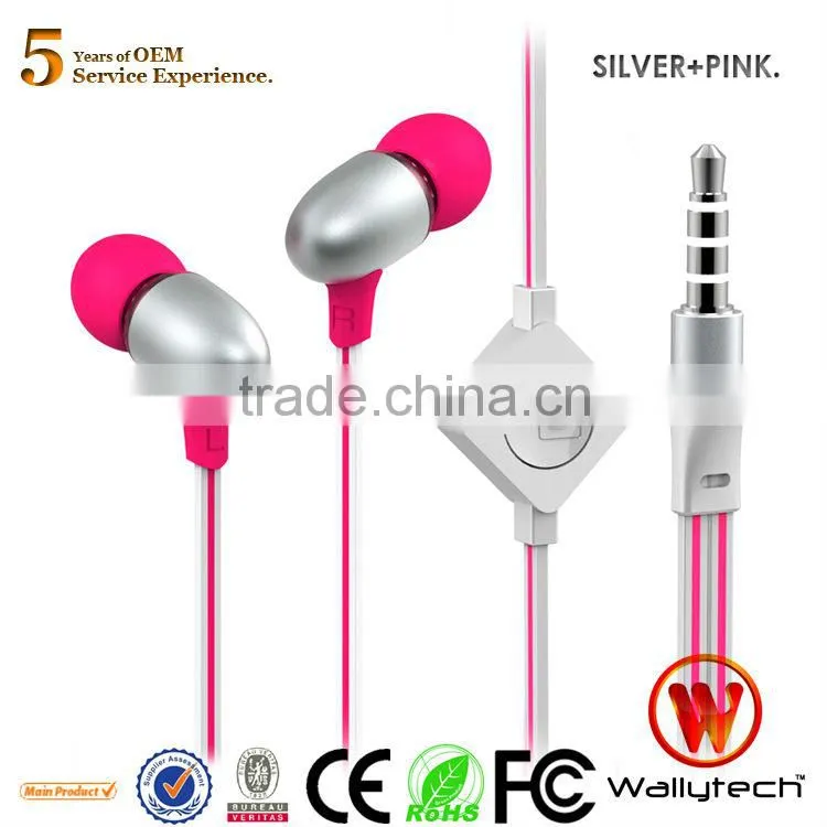 Newest 2013 Wallytech WHF-124 Metal in-ear zipper Earphone with Microphone Flat Cable for iPhone for Samsung