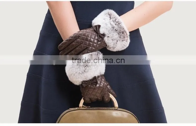 Sheep Leather Lattice Pattern With Bowknot Ornaments Rex Rabbit Fur Trim