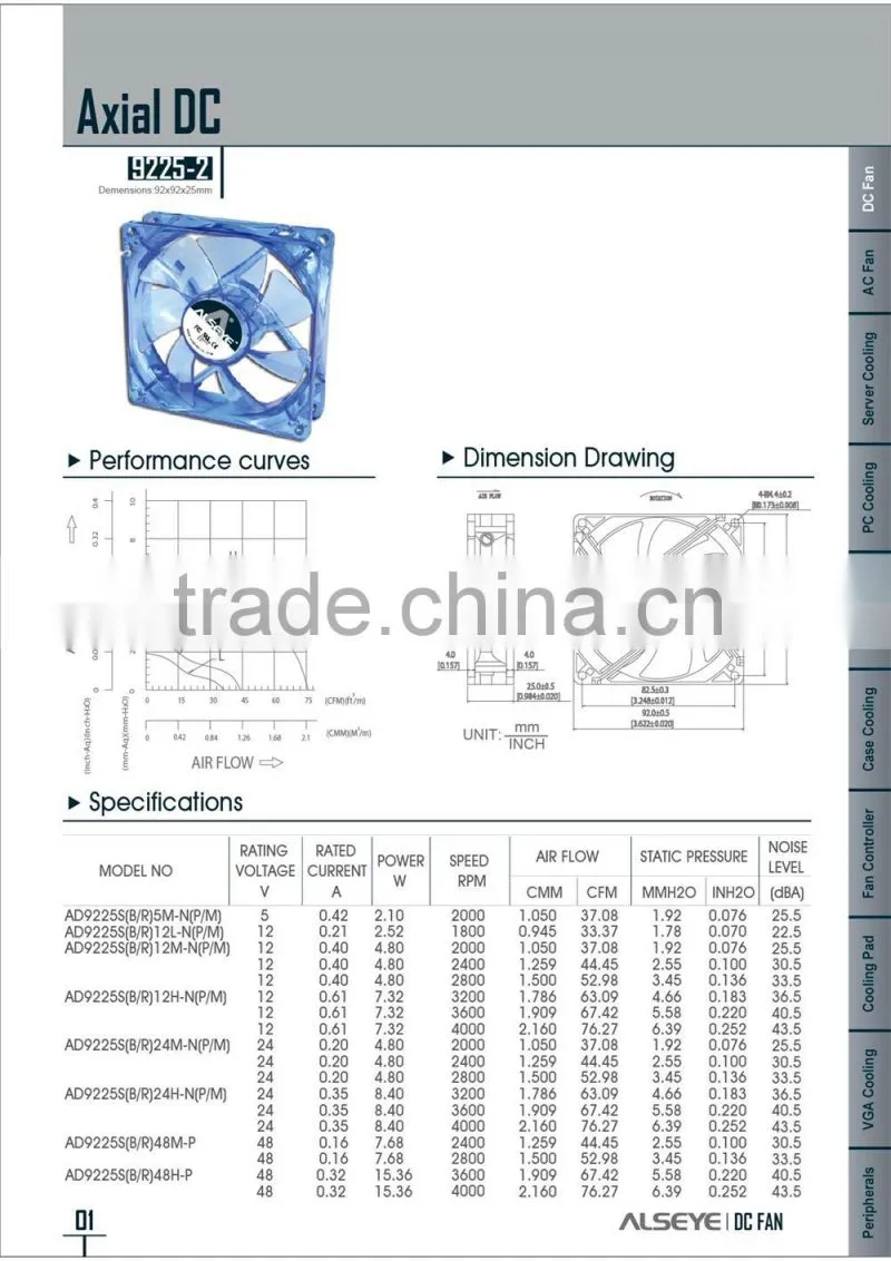 Alseye CB2902 manufacture electric 9225 cooler cpu fan 92*92*25mm solar battery dc fan