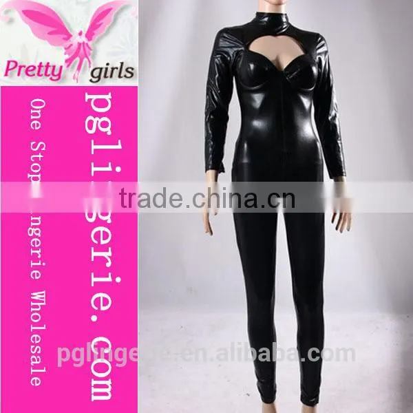 Woman Black Sexy Faux Leather Lingerie Clubwear Jumpsuit Catsuit Halloween Costume Set
