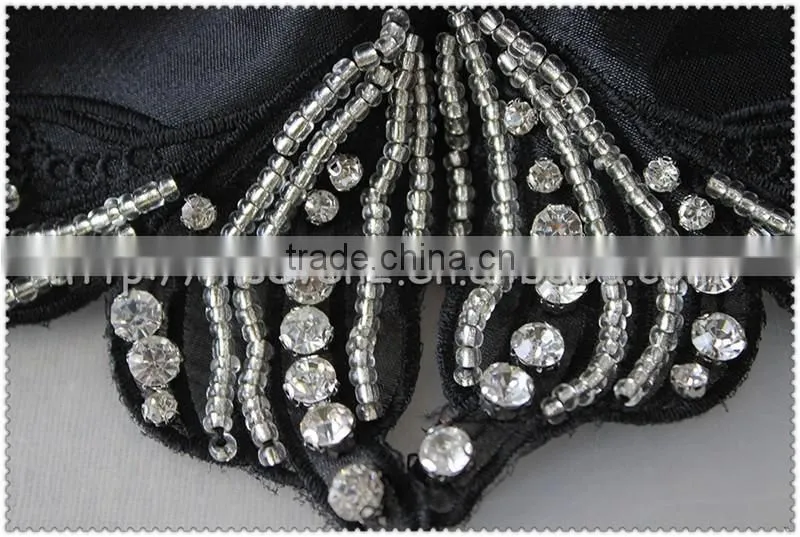 Crystal beaded black flower necklace, knitted flower collar with beaded for garments