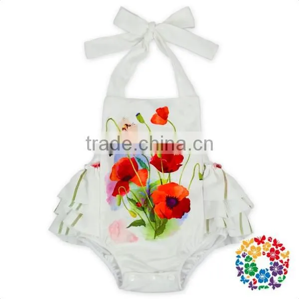 Boutique Girls Summer Backless Ruffle Halter Playsuit White Flower Kids Jumpsuit