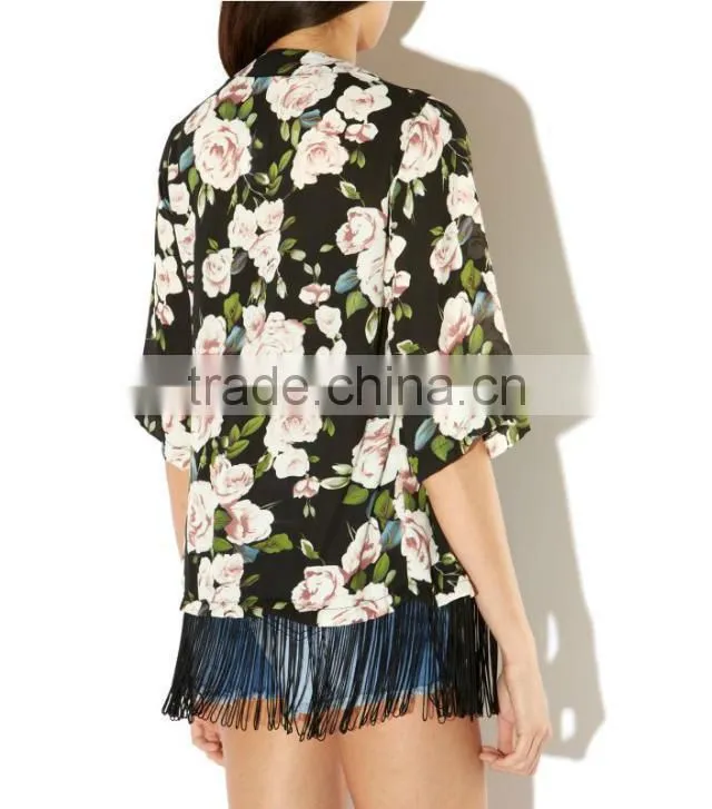 Wholesale Women New Fashion Floral Printed Chiffon Shawl Tops Fringe Tassel Vintage Print Loose Kimono Beach Cover Up Beachwear