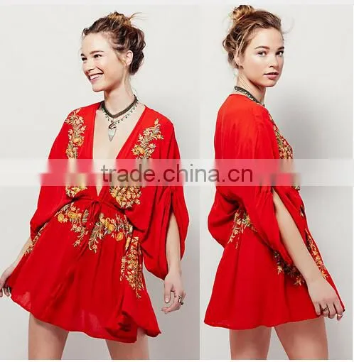 Wholesale V-neck Maxi Design Top Black Long Sleeve Embroidery Sexy Mini Top