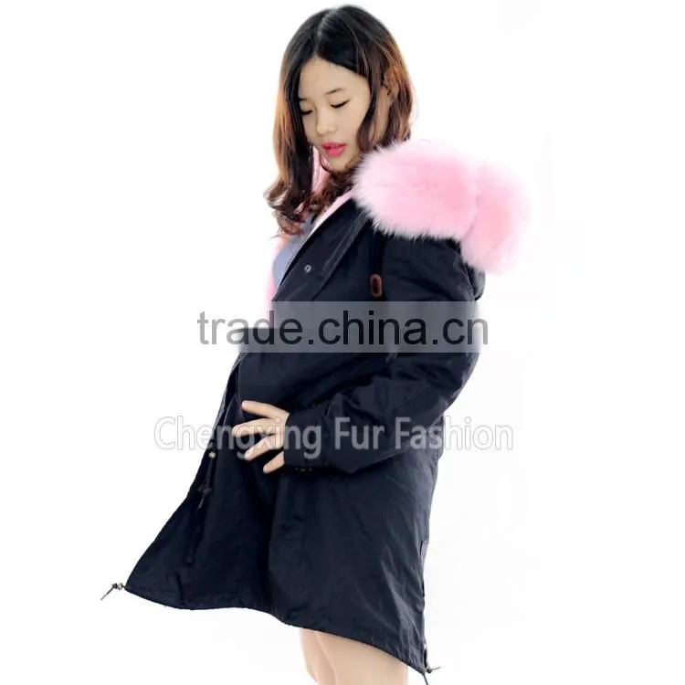 CX-G-P-08A Fox Fur Big Collar Hooded Real Fur Parka with Rex Rabbit Fur Lining