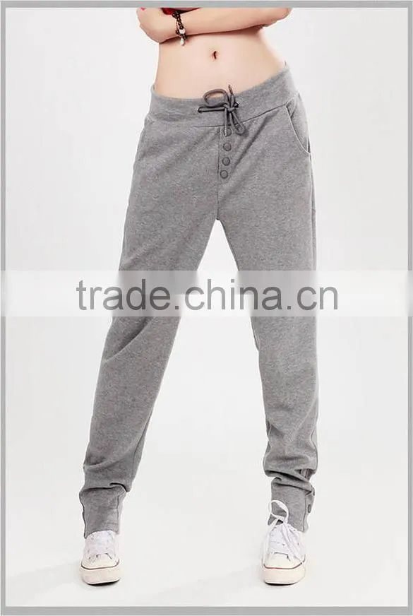 100%Cotton Womens Summer Casual Long Sports Pants with Drawstring & Button Design
