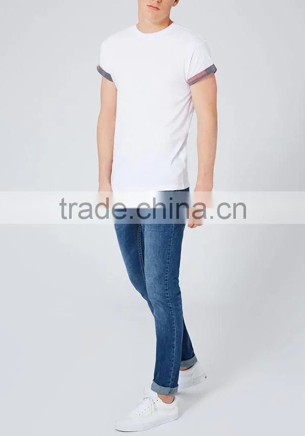 Custom promotional round neck plain white men rolled sleeve t shirts