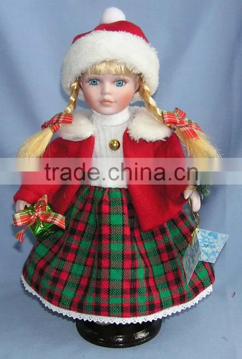 Christmas Animated Ceramic Porcelain Doll Blonde Hair Red Velvet Dress 12"