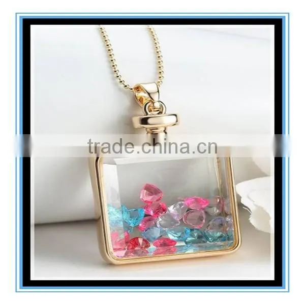 XP-PN-1474 Latest factory design crystal square glass perfume necklace photo frame locket pendant necklace