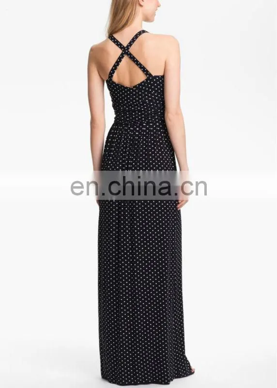 CHEFON Polka Dot Black Halter Maxi Dress