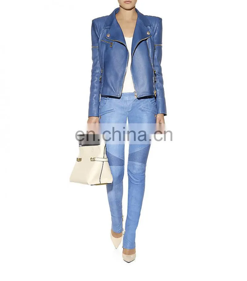 Fashion woman leather jacket with zippers (NTF05003)