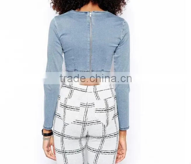 2014 European New arrivals sexy denim tops fashion style short tops with long sleeves
