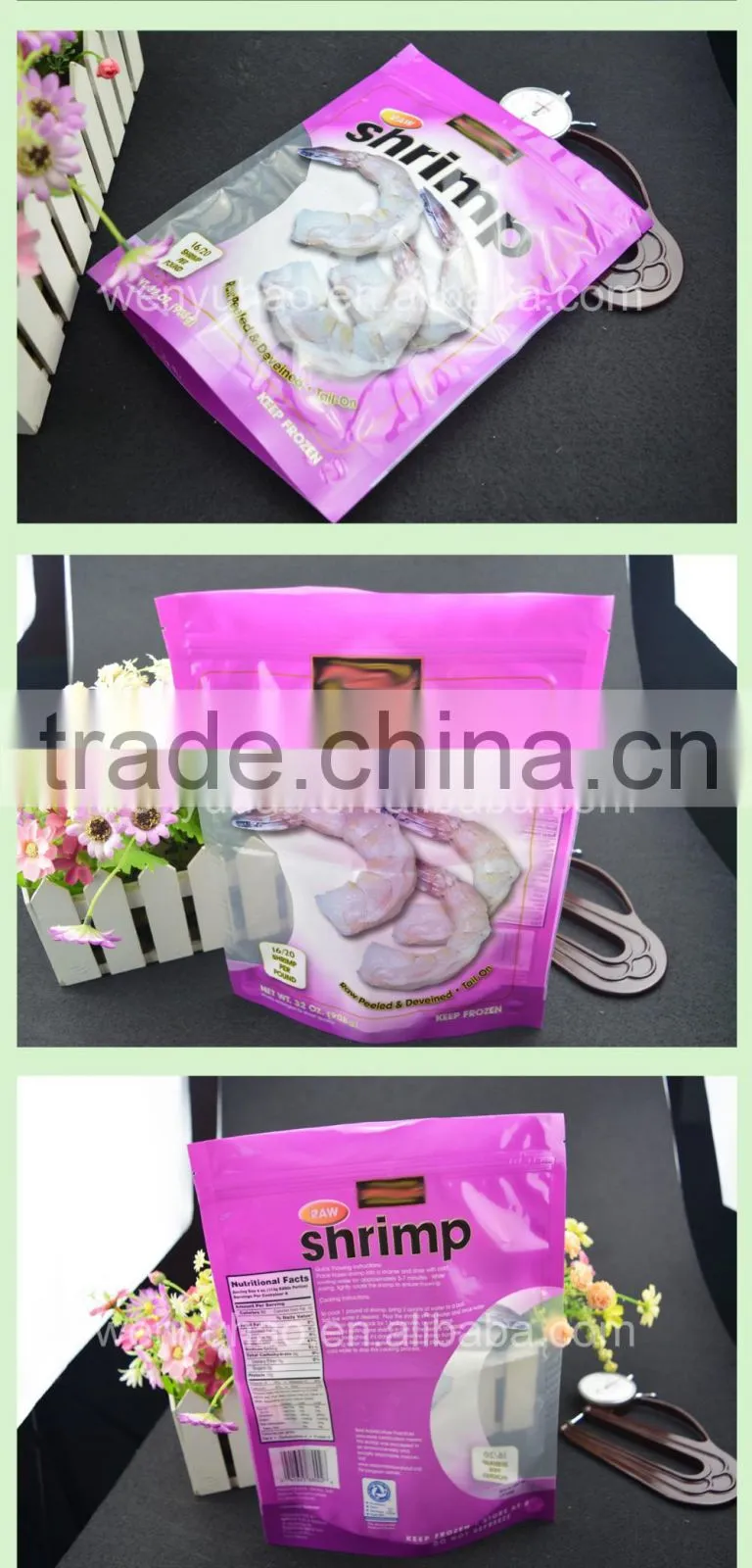 food grade shrimp packing composite zipper plastic bag / vacuum stand up pouch