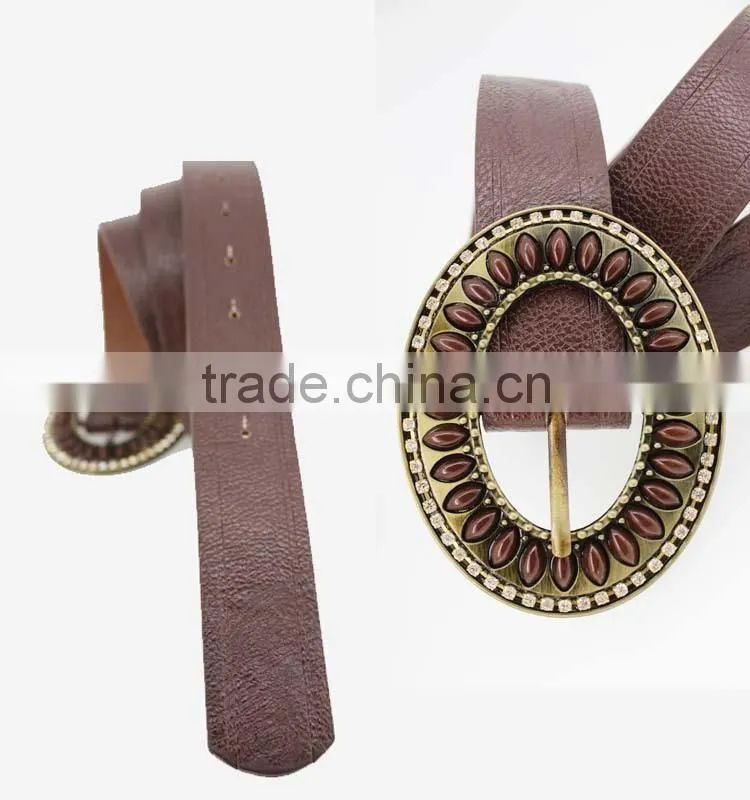 2015 Vintage Style women's fashion PU brand belt with rhinestone circle shape buckle