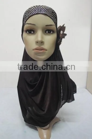 H289 latest one piece instant hijab with flower and rhinestones