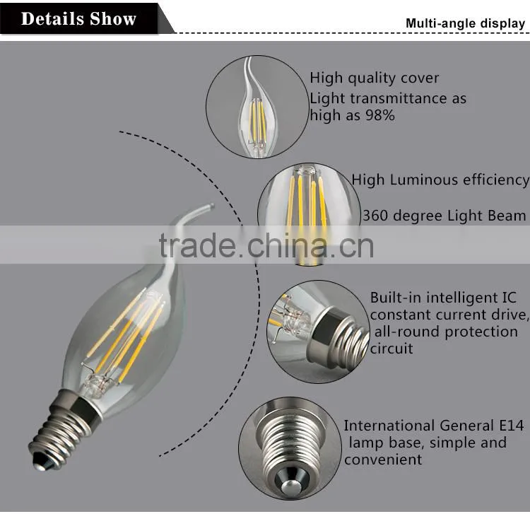 High luminous efficiency 100w/lm COB led filament bulbs C35 candle light with CE ROHS certificate