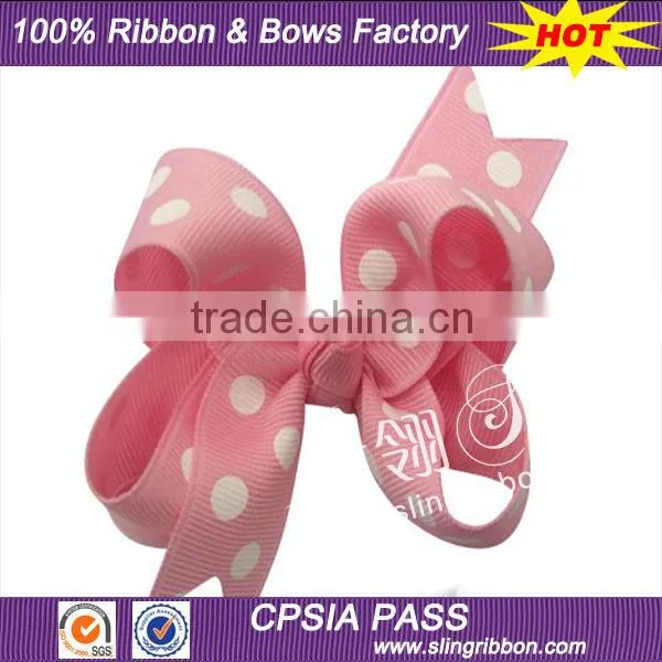 Light Pink Dot Printed Swallowtail Ribbon Girl Hair Bow With Clip