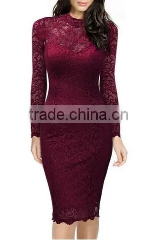 Women's Classicial Floral Lace Long Sleeve Slim Formal Mini Dress