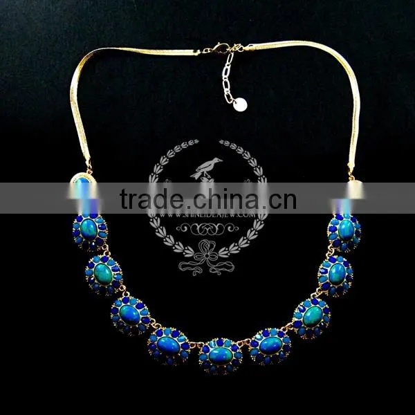 vintage blue stone arcylic antiqued gold oval charm fashion chic women statement necklace jewelry 2013 6390016