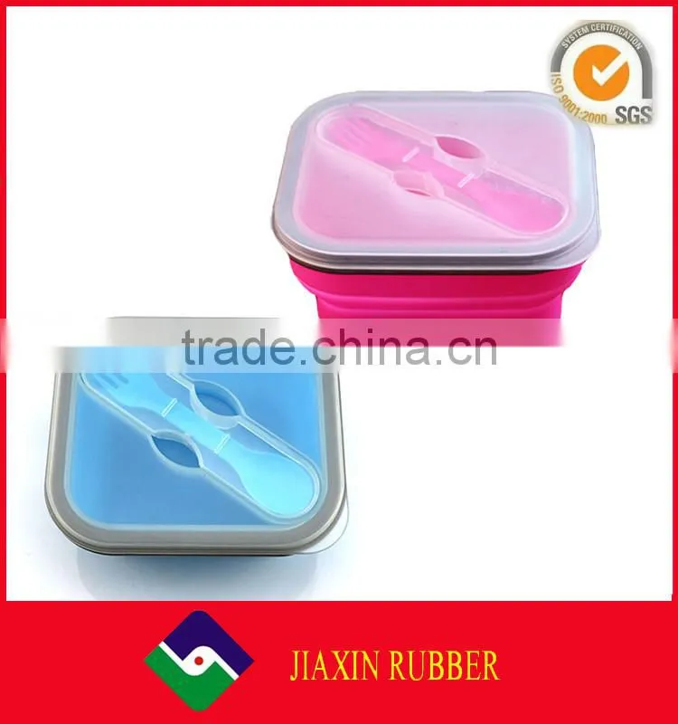 Wholesale square shape foldable silicone lunch containers custom design lunch box with fork and spoon for save kitchen space