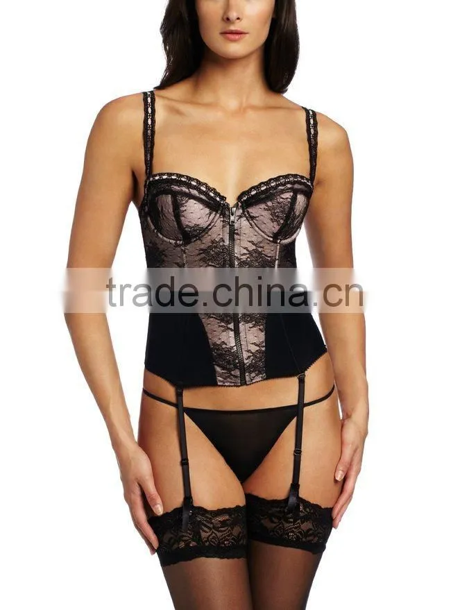 Keepable Open Bust Front Zip Corset With Boning And G-String Lingerie Set