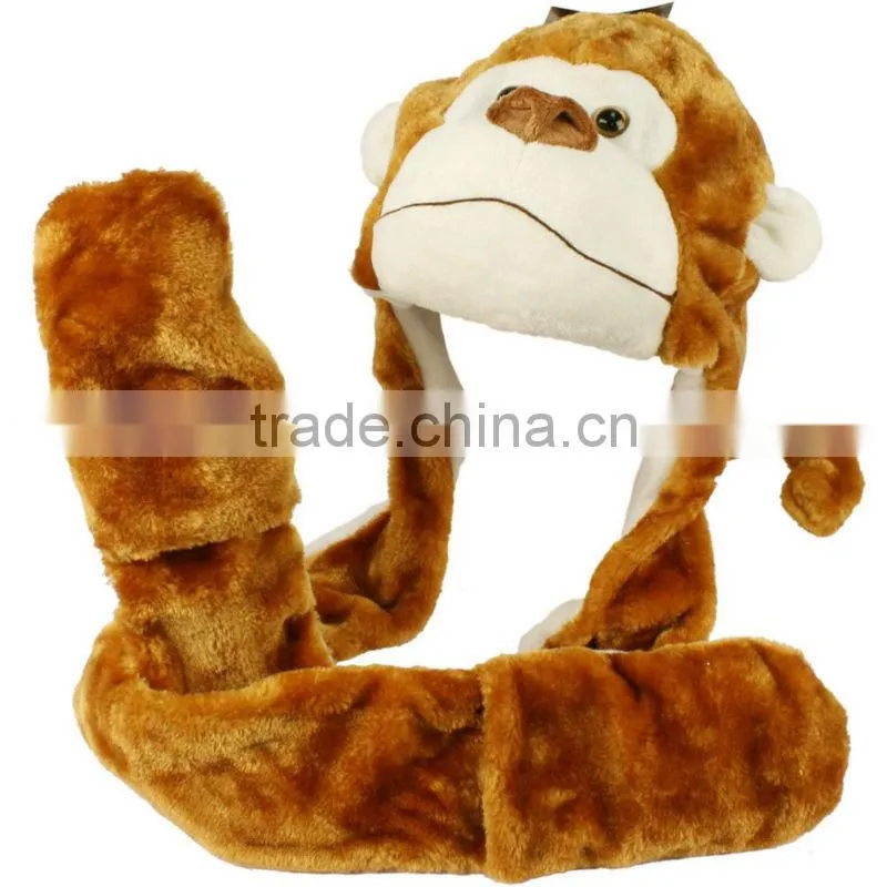 Cute plush faux fur animal hat cartoon cap winter hat with long mittens