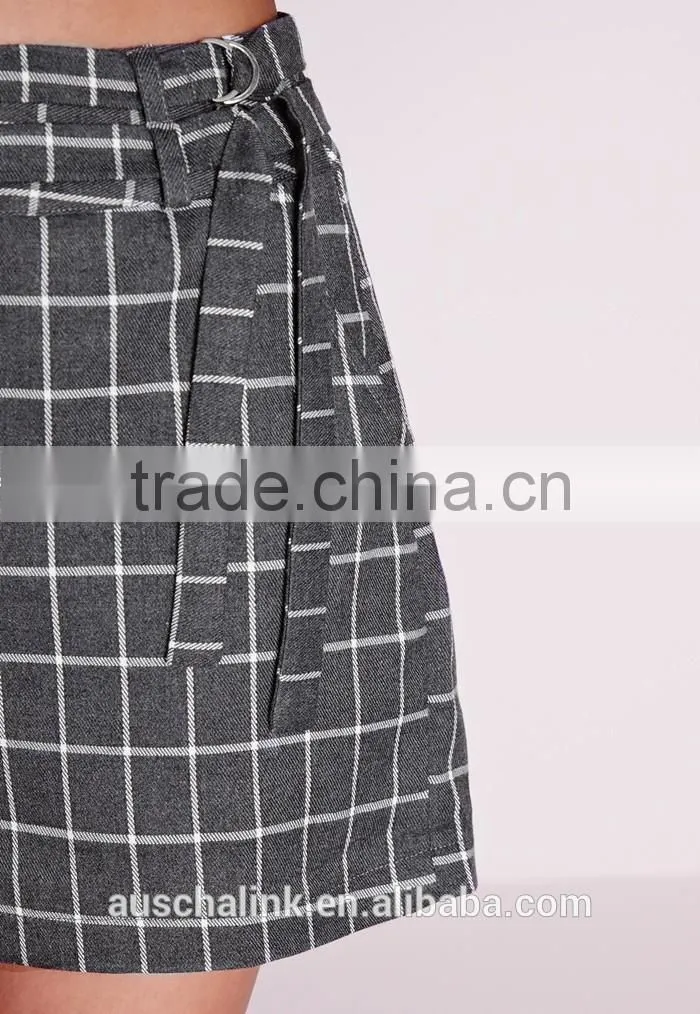 summer fashion grey double belted check cheap shorts OEM service
