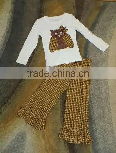 Adorable Handmade Girls boy Fall School Owl Ruffle Pants Top Outfit Boutique