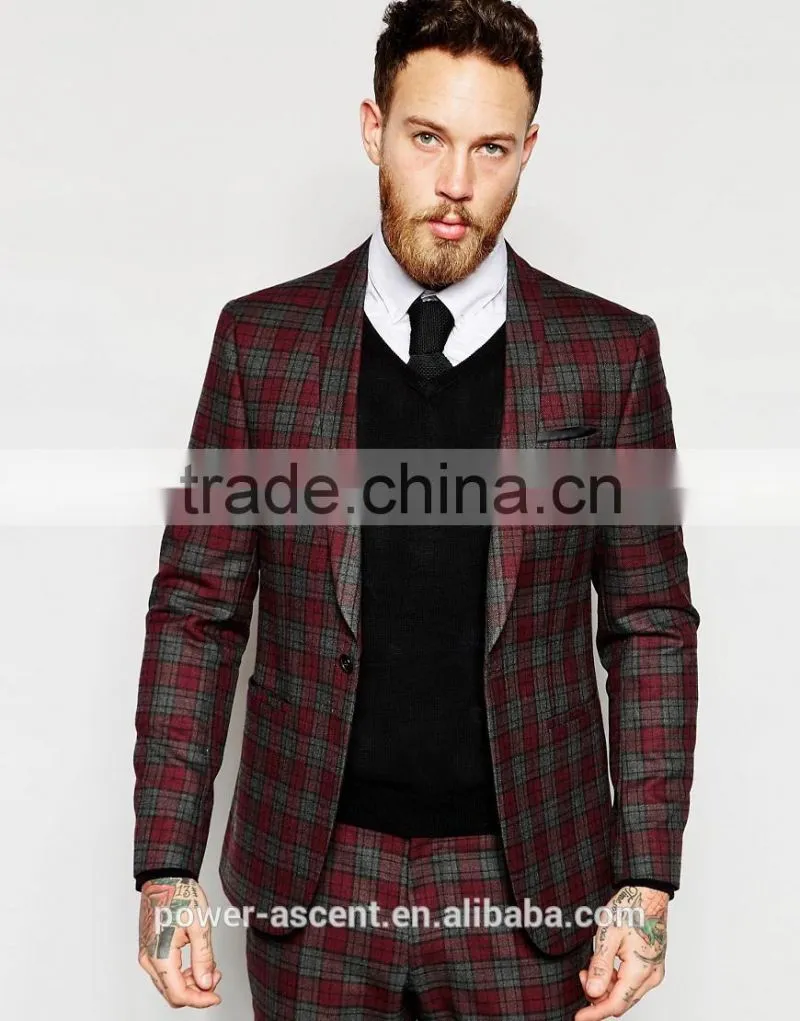 2016 men's red tartan check slim fit suit jacket