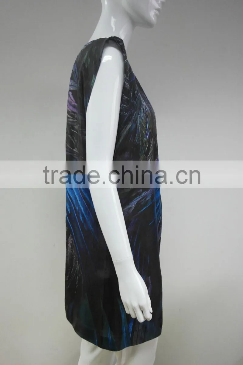 Fashion ladies sleeveless 100%silk habotai fixed printed dress