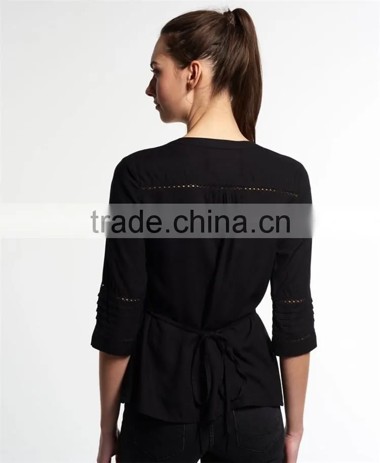 2016 Guangzhou Shandao OEM/ODM Custom Design Women Autumn 3/4 Sleeve V Neck Ruffle Bottom Cotton White Tops