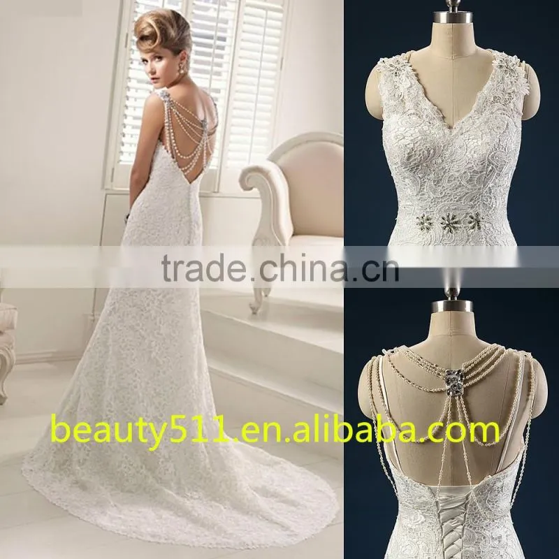 Latest Designs Elegant A-line Beaded Scoop Long Sleeve Floor-length Empire Lace Princess wedding gowns F12801