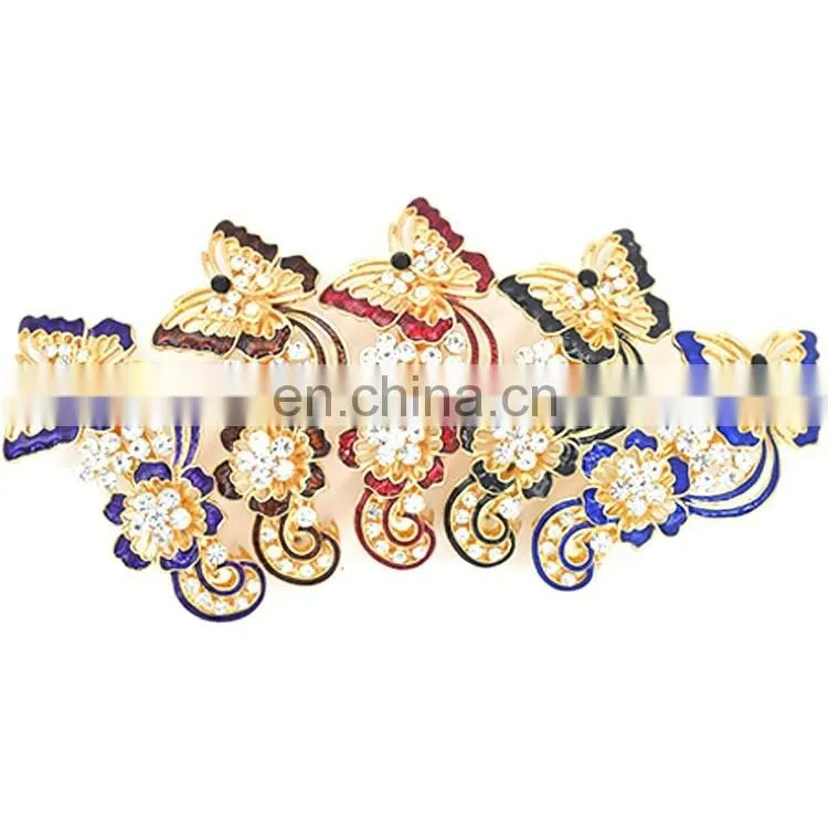 Elegant Butterfly Flower Oil Drip Rhinestone French Hair Barrette Clips
