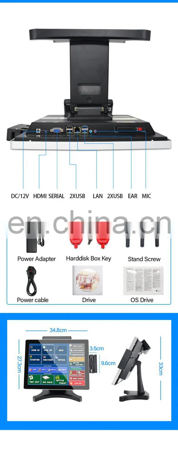 15" Touch Screen POS System Built-in VFD Customer Display Monitor WIFI Removable hard disk Magnetic Card Reader