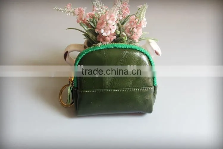 Colorful Genuine Waxy Leather Ladies Zipper Coin Purse Change Bag with keyring