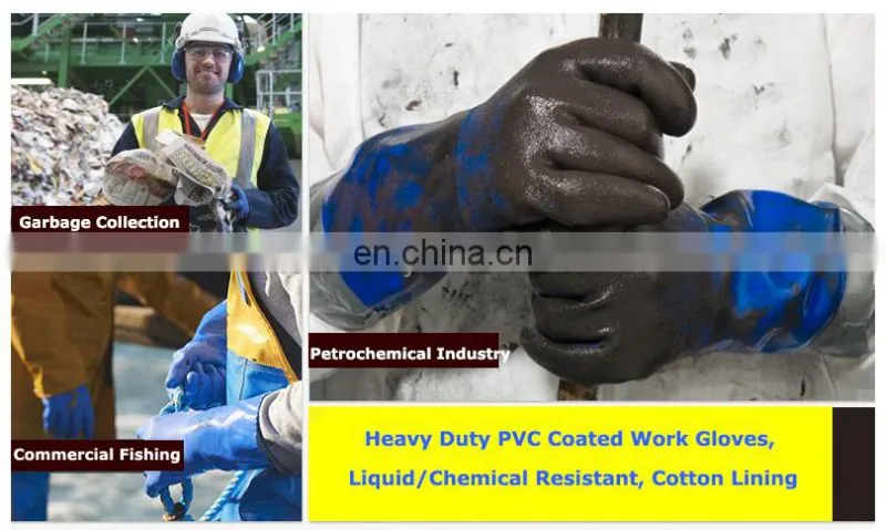 Long Cuff Heavy Duty Cotton Lining Blue PVC Rubber Fully Coated Liquid Chemical Resistant Work Gloves