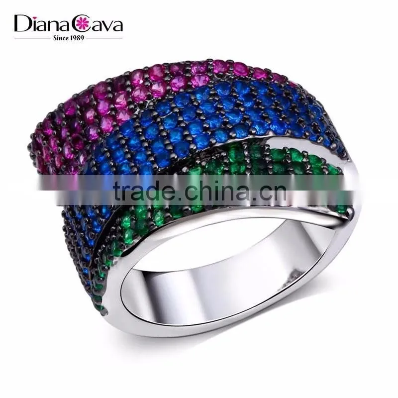 Unique 3 Strips Colorful Cubic Zirconia Siam Emerald Montana Cocktail Party Ring