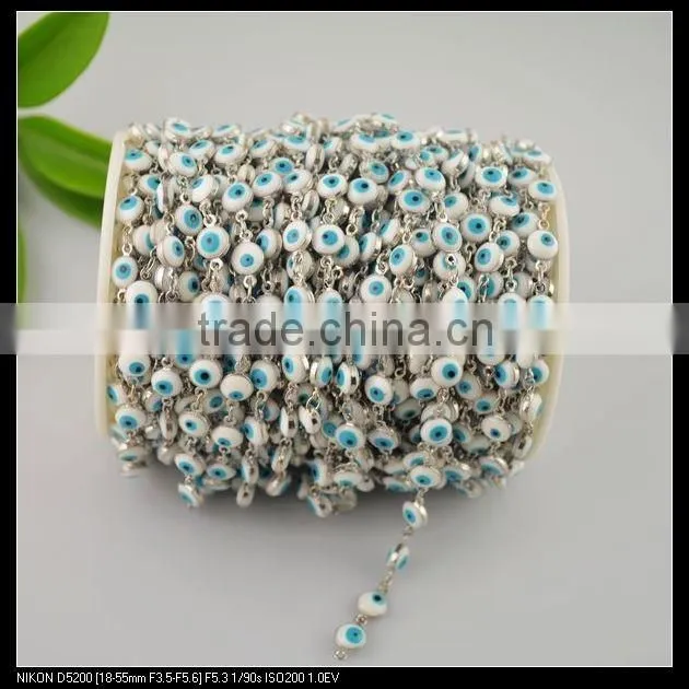 LFD-0020C ~ Wholesale Rosary Style Chains Jewelry Finding 6MM White Color - Evil Wire Wrapped Beaded Chain Jewelry Making
