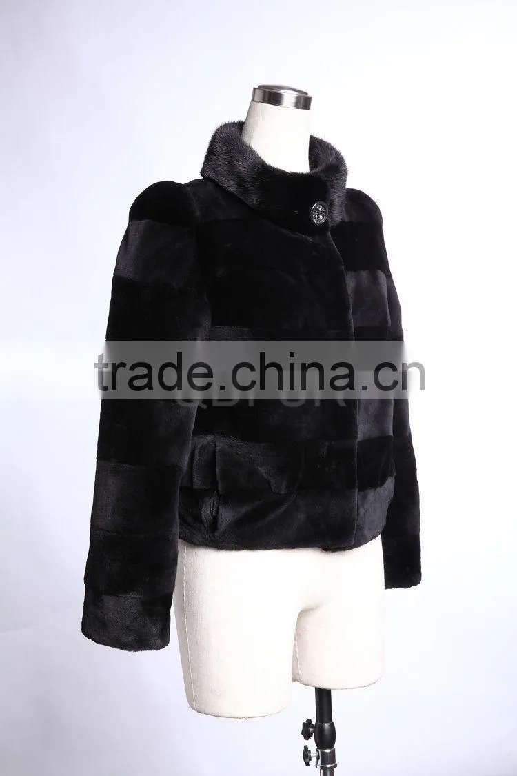 QD29226 Outerwear Wholesale/retail Short Style Real Piece Rex Rabbit Fur Women Jacket with Mink Fur Collar